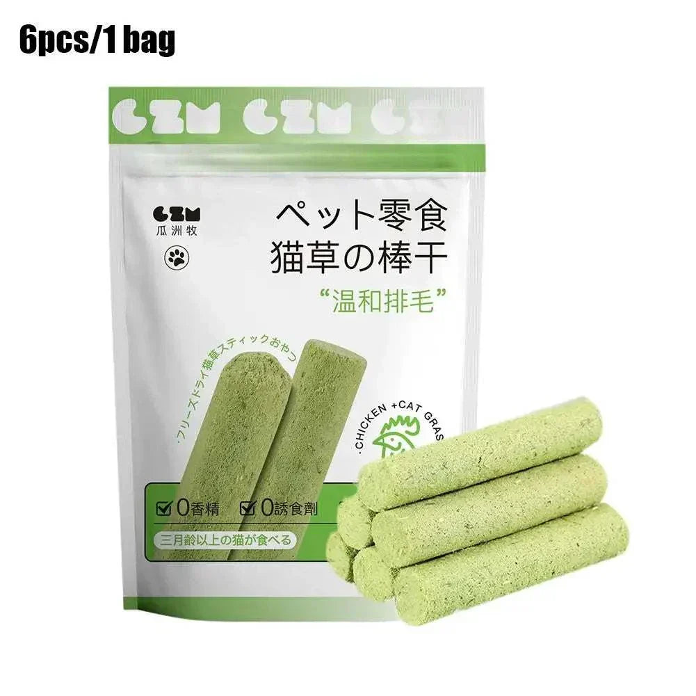 Cat Grass Teething Sticks natural dental chews for cats in green packaging with six organic sticks