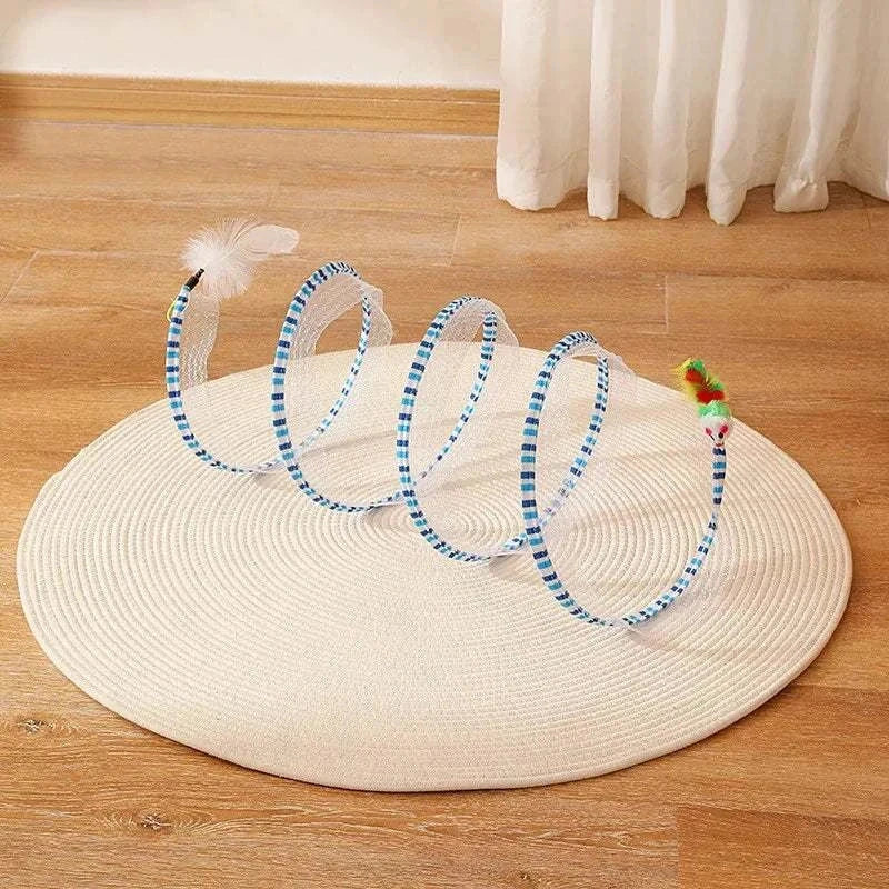 Self-play Cat Hunting Spiral Tunnel Toy with feathers on a round mat for cat exercise and entertainment