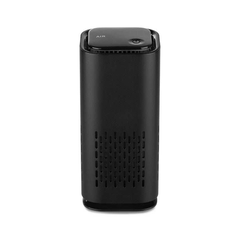 Compact black pet air purifier with HEPA and carbon filters for removing allergens and odors.
