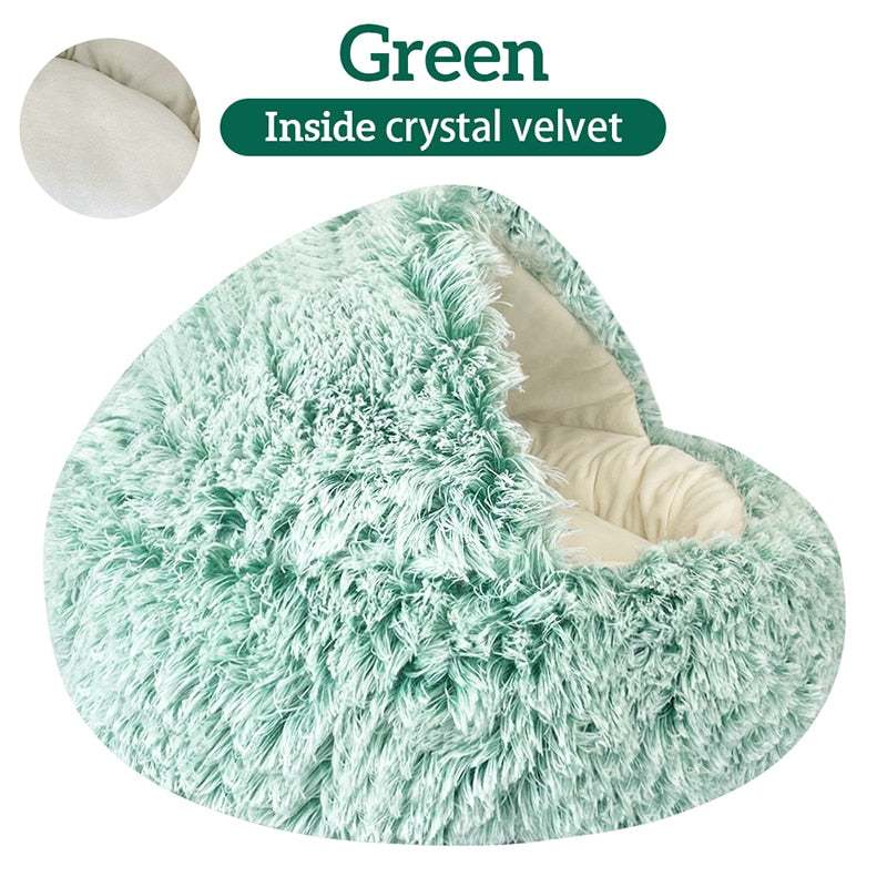 Green plush pet cat bed with soft crystal velvet interior and deep, cozy design