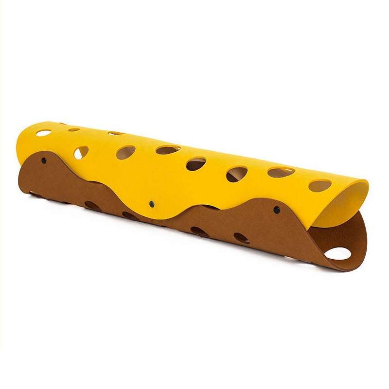 Yellow and brown cat tunnel toy with multiple holes for feline play and exploration