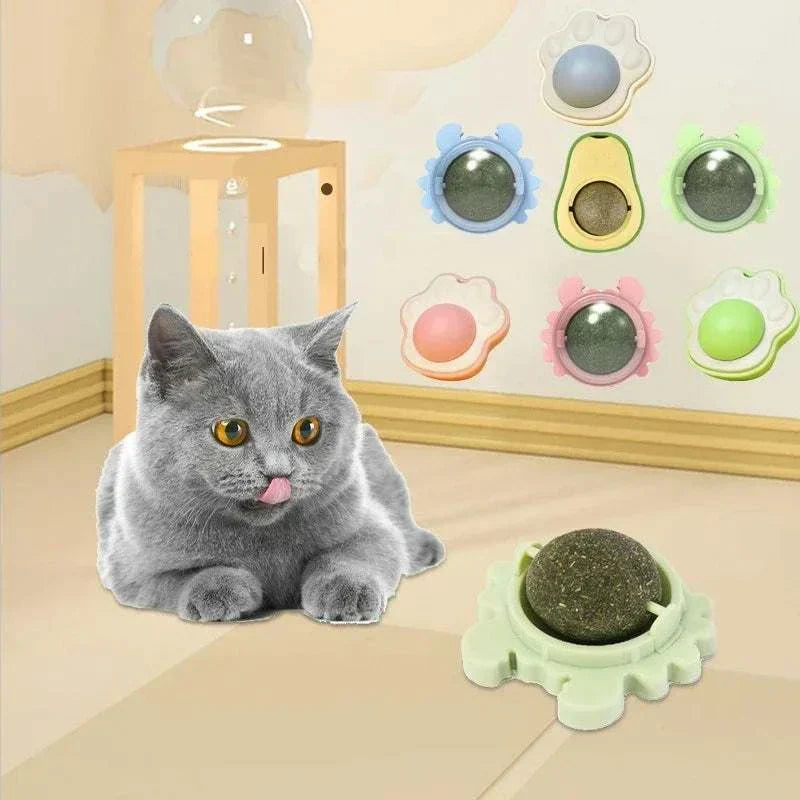 Gray cat with tongue out playing with Natural Catnip Rotating interactive cat toy ball on floor