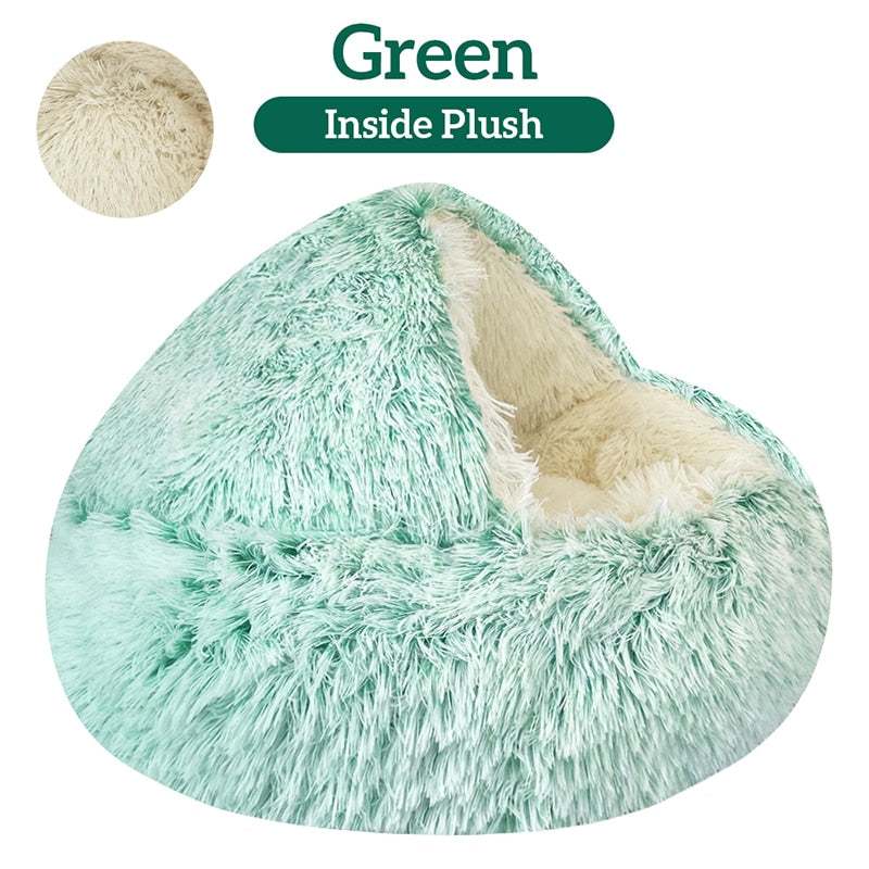 Green plush pet cat bed with ultra-soft fabric and cozy interior for cats