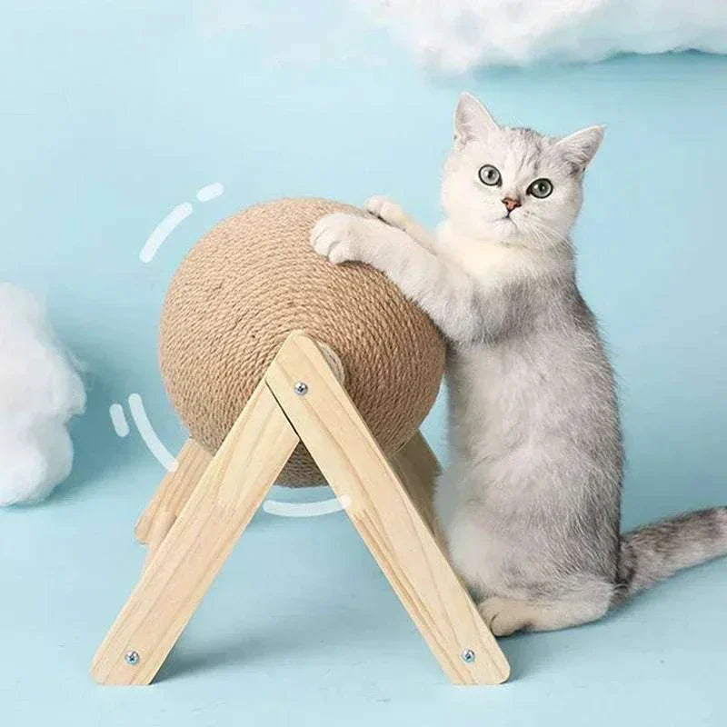 Solid wood cat toy with natural sisal scratcher ball and playful kitten