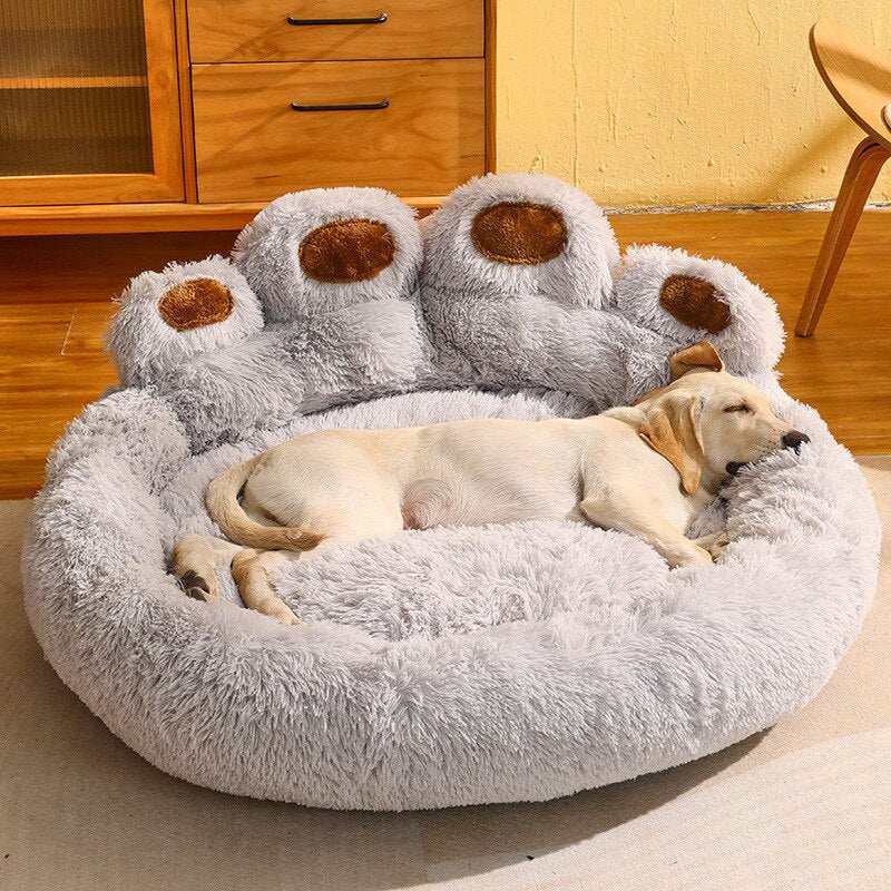 Cute bear paw shaped cozy pet bed with soft grey faux fur and raised rim support, perfect for calming and comfort