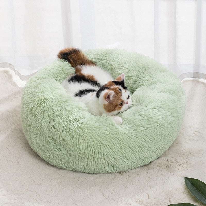 Calming round green donut pet bed with soft plush bolster for small dogs and cats up to 25lbs