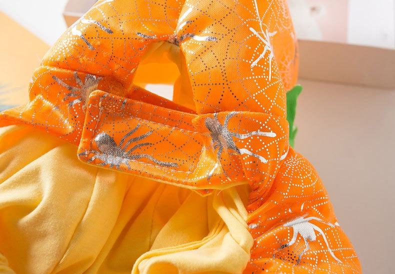 Close-up of soft orange dog pumpkin Halloween costume with spider web design