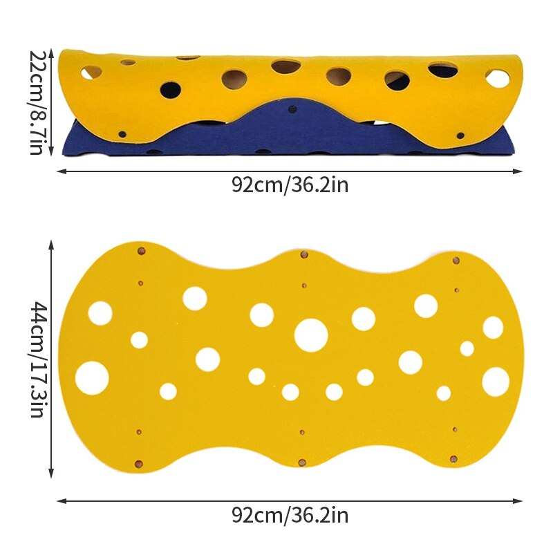 Yellow and blue polka dot cat tunnel toy with multiple holes, measuring 92cm by 44cm for interactive play