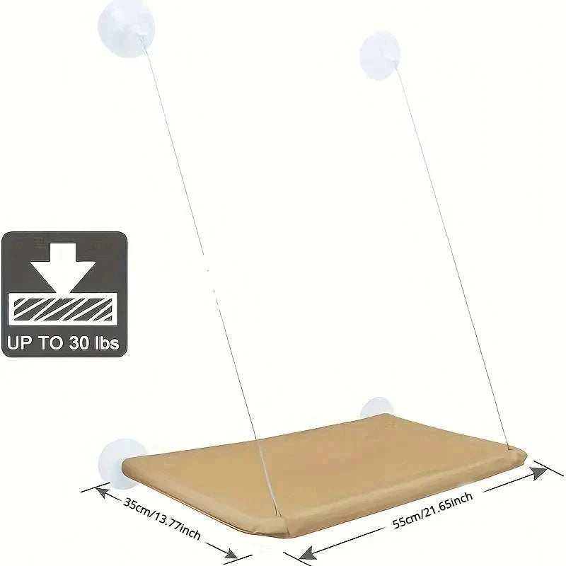 Cat window mounted perch hammock with durable beige fabric and suction cups holding up to 30 lbs, measuring 55 by 35 cm