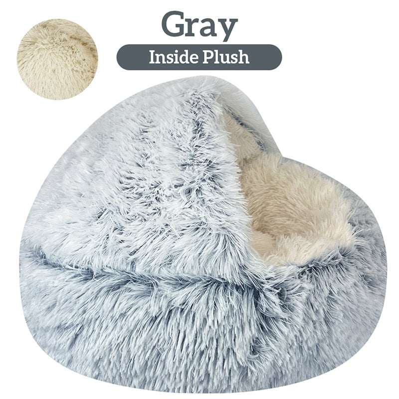 Gray plush pet cat bed with soft, cozy interior and non-slip bottom for stability