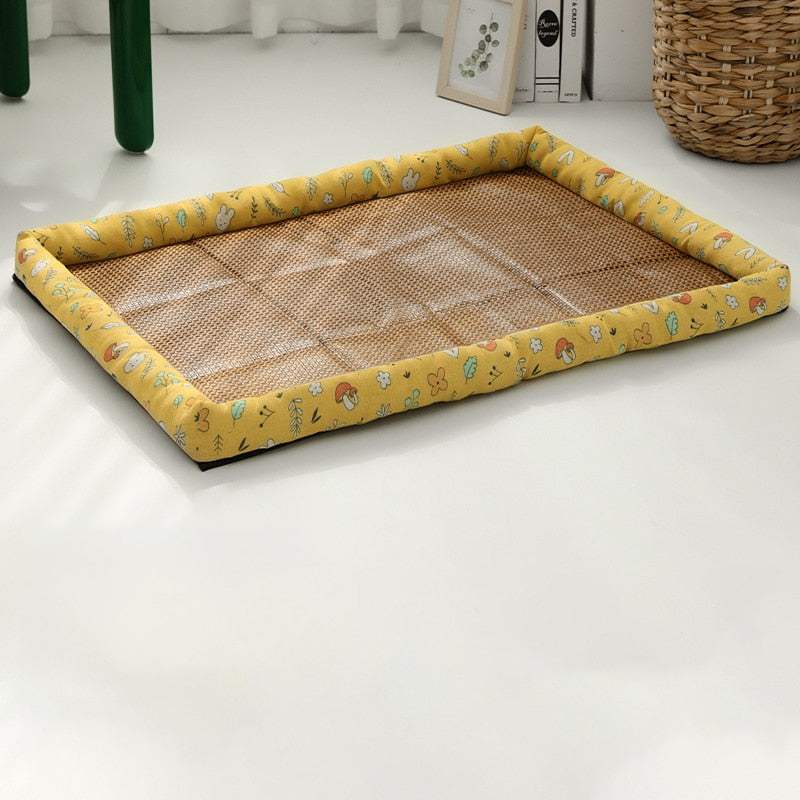 Pet Ice Pad Mat with yellow patterned border and cooling mesh center for pets to stay comfortable and cool indoors