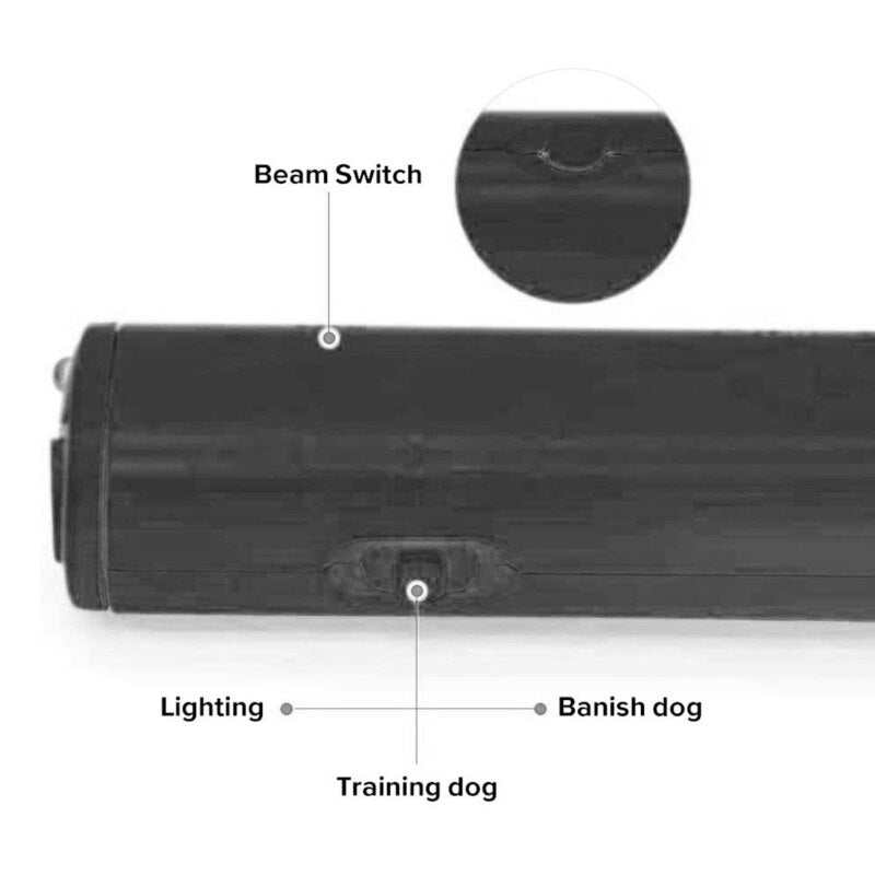 Compact black dog training device with beam switch, lighting, and buttons for training and banishing dogs using ultrasonic sound.