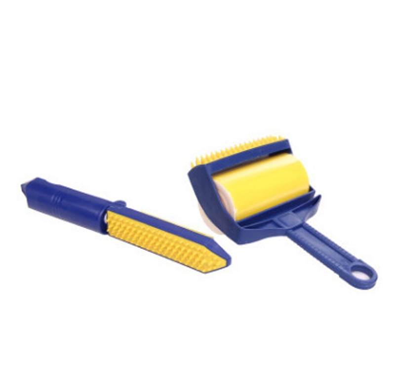 Pocket Sticky Lint Roller with blue handle and yellow adhesive sheets for removing lint and pet hair from fabrics