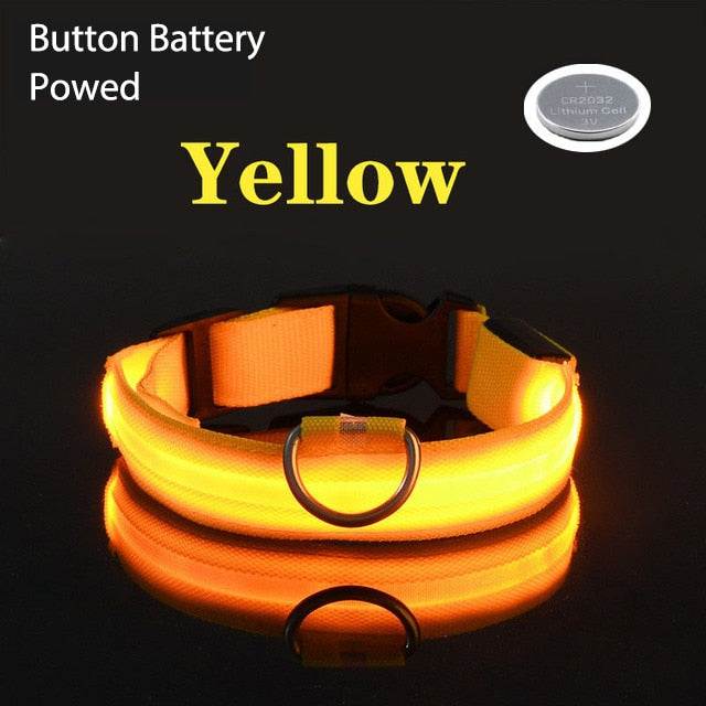 Yellow LED flashing dog collar with button battery, adjustable and durable for nighttime visibility and safety
