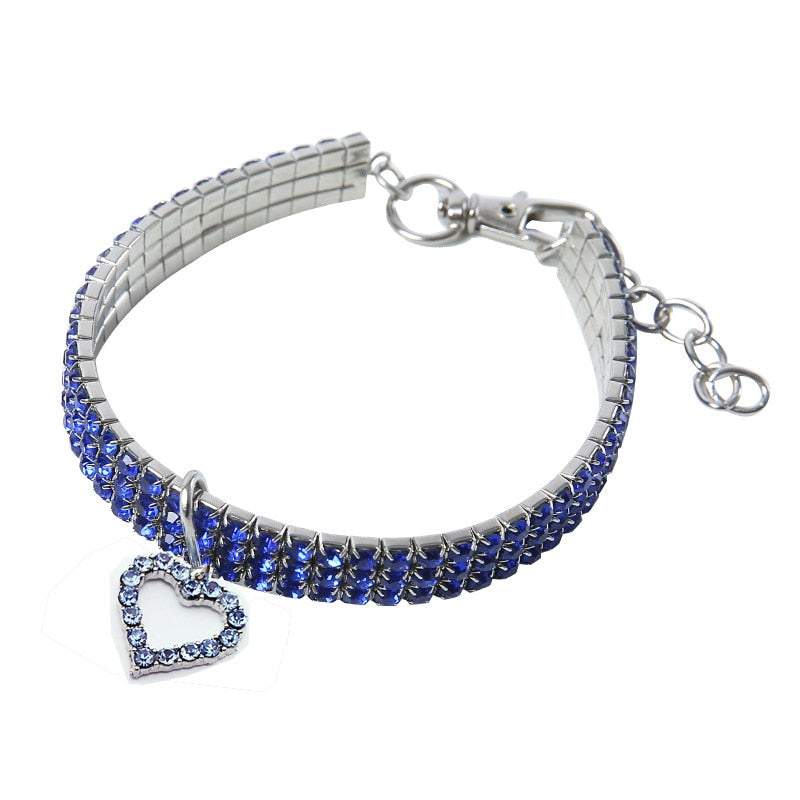 Bling crystal dog collar with blue rhinestones and heart pendant for small dogs and puppies