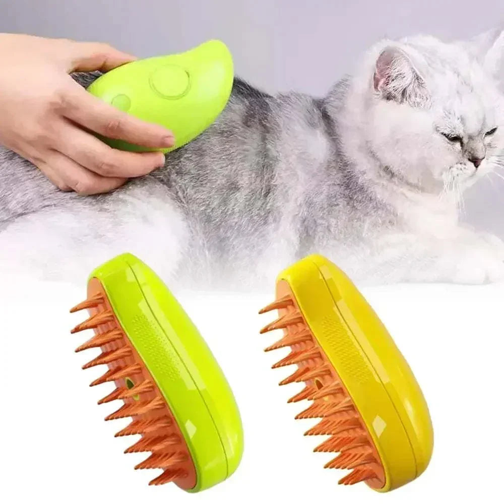 Steamy Pet Brush used to groom a gray and white cat for soft, shiny, tangle-free coat with steam technology
