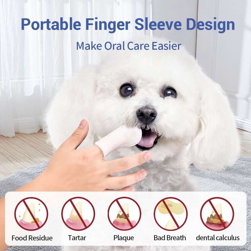Pet Dental Cleaning Finger Wipes being used on small white dog for gentle oral care and plaque removal