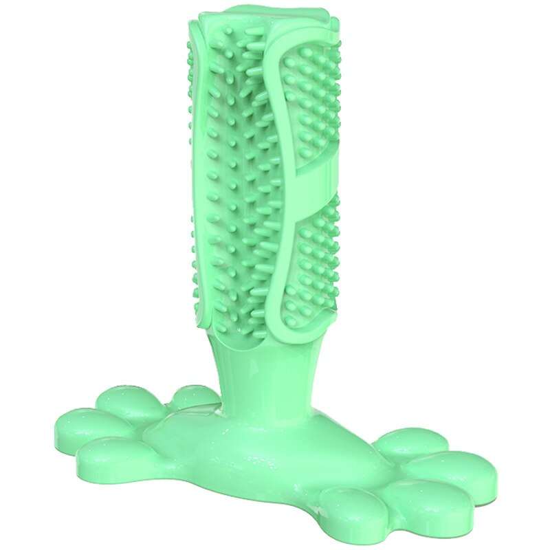 Green durable dog toothbrush chew toy with bristle grooves for teeth cleaning