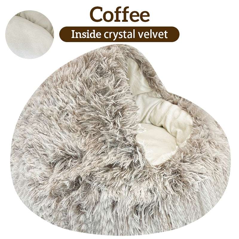 Plush pet cat bed in coffee color with ultra-soft crystal velvet interior and cozy, round design