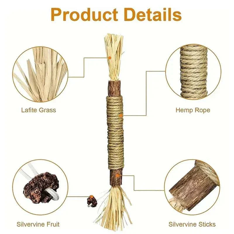 Natural cat silvervine chewing stick with hemp rope, lafite grass, silvervine fruit, and sticks for dental health and stress relief