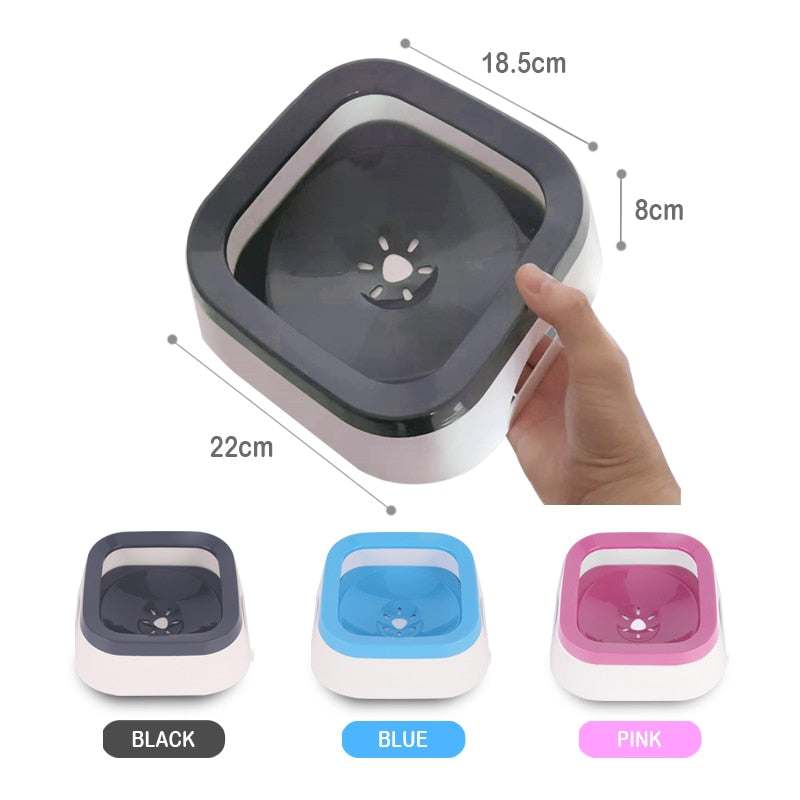 Anti splash pet bowl with floating plate and paw-shaped outlet in black, blue, and pink colors, designed to prevent spills and keep water clean.