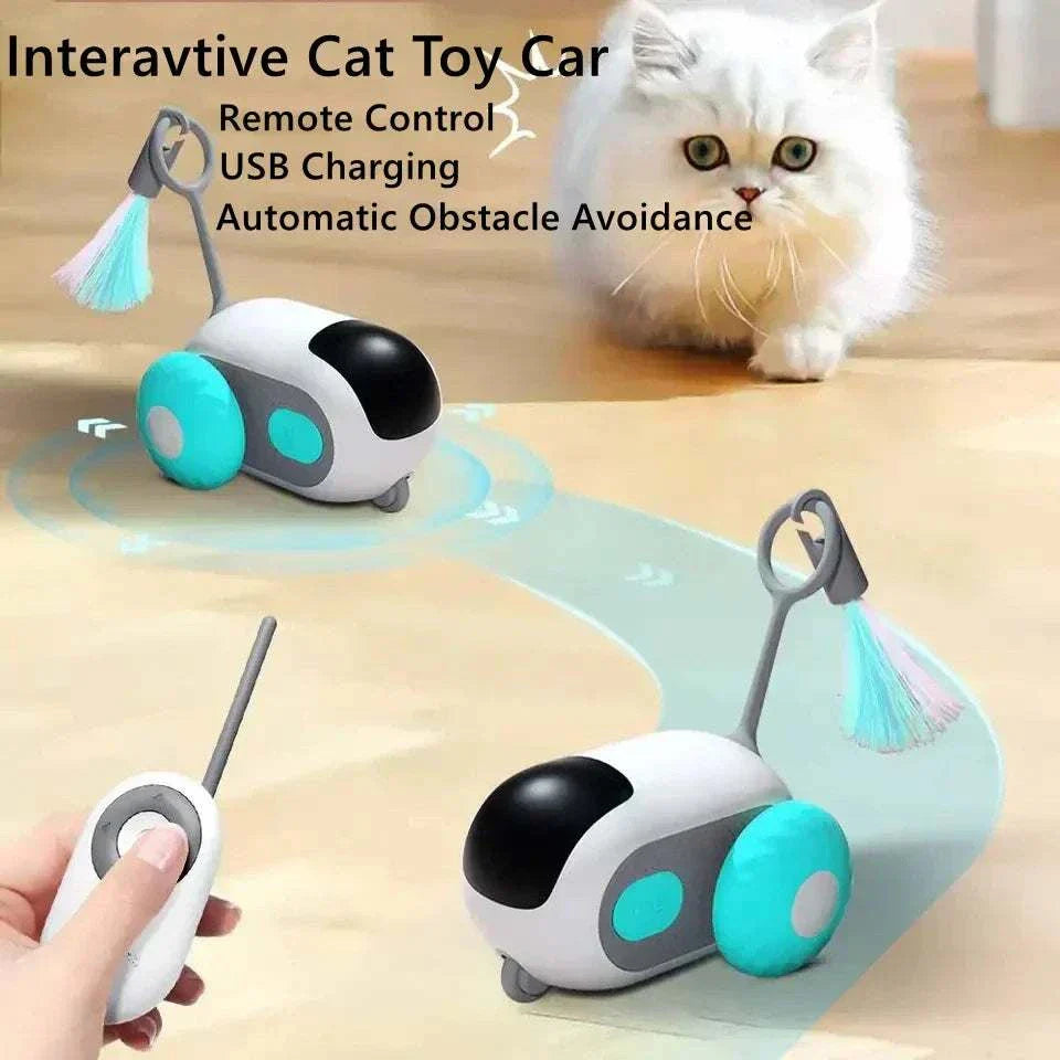 Automatic cat toy with remote control and USB charging for interactive play and obstacle avoidance