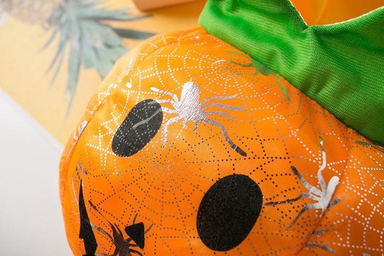 Close-up of orange dog pumpkin Halloween costume with spider web and spiders design and green stem detail