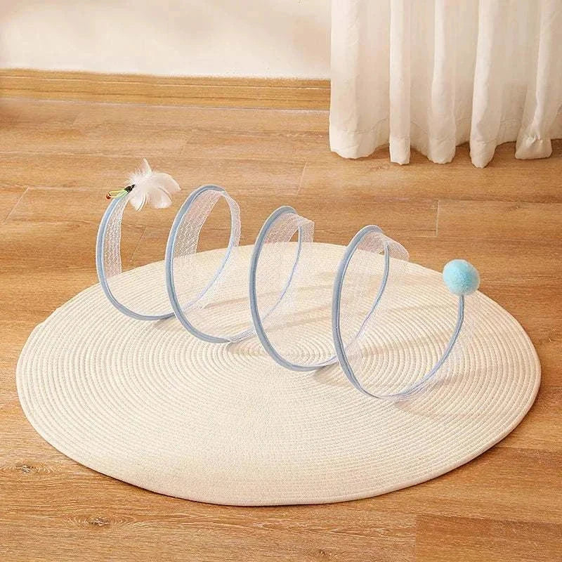 Self-play Cat Hunting Spiral Tunnel Toy with feather and ball on round rug for cat entertainment and exercise