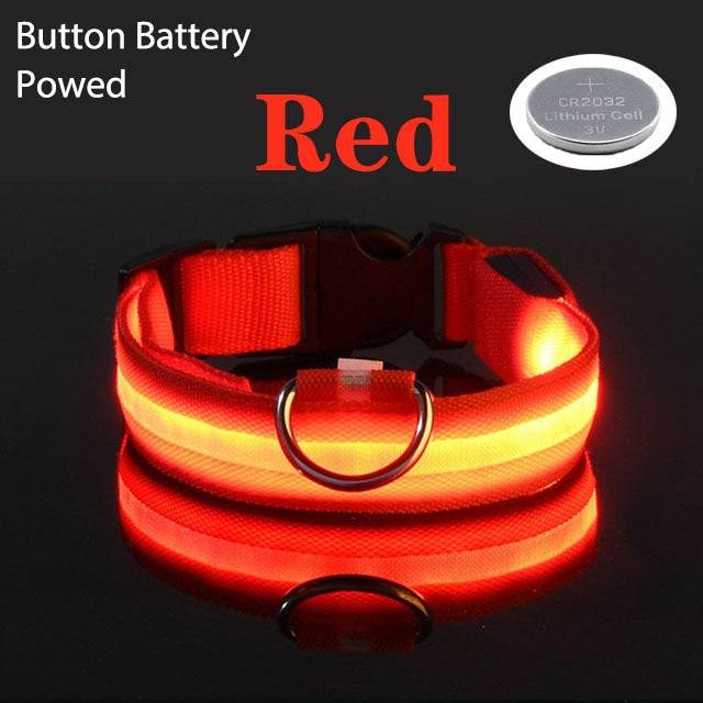 Red LED flashing dog collar with adjustable strap and button battery for nighttime visibility and safety