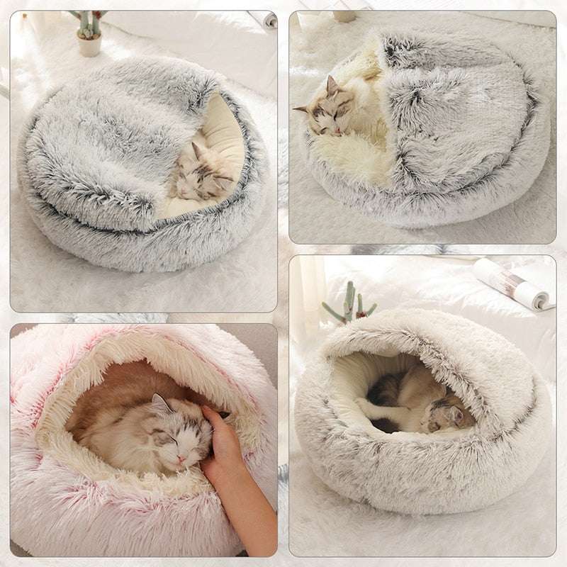 Plush Pet Cat Bed in grey with ultra-soft plush fabric and non-slip bottom, cozy and secure round design for cats, machine-washable cover.