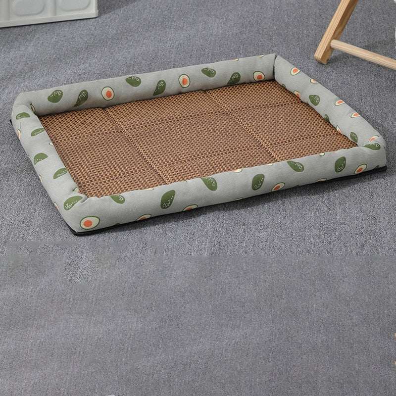 Pet ice pad mat with avocado print border on gray carpet for cooling pets