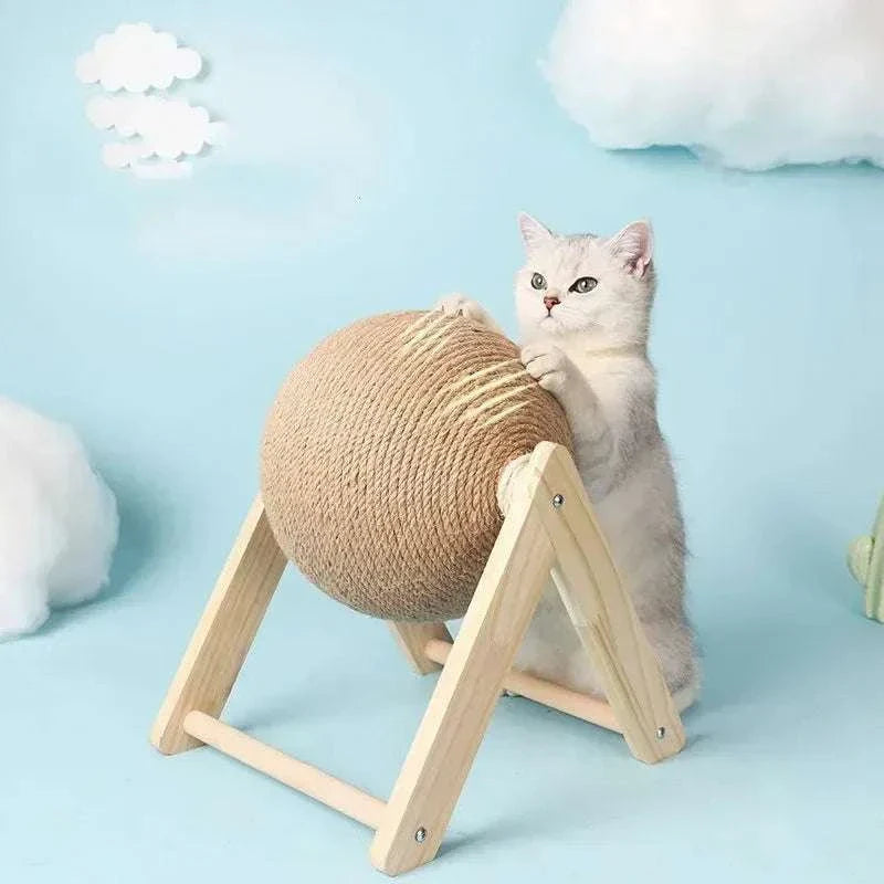 Solid wood cat toy with natural sisal scratcher and ball for cats