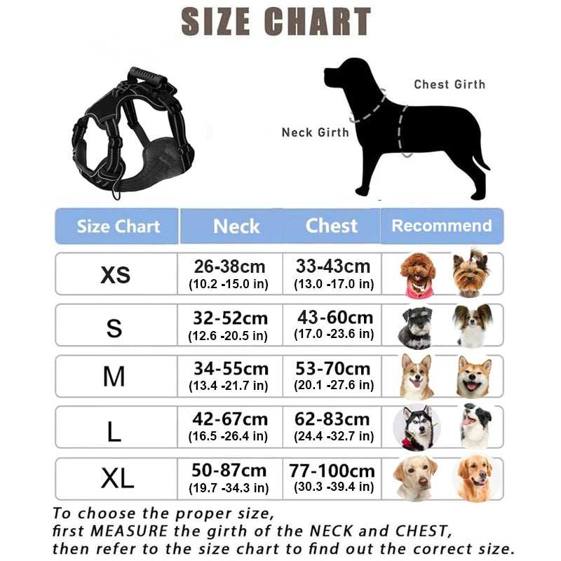 Dog harness and retractable leash set size chart with neck and chest measurements for small to extra-large dogs