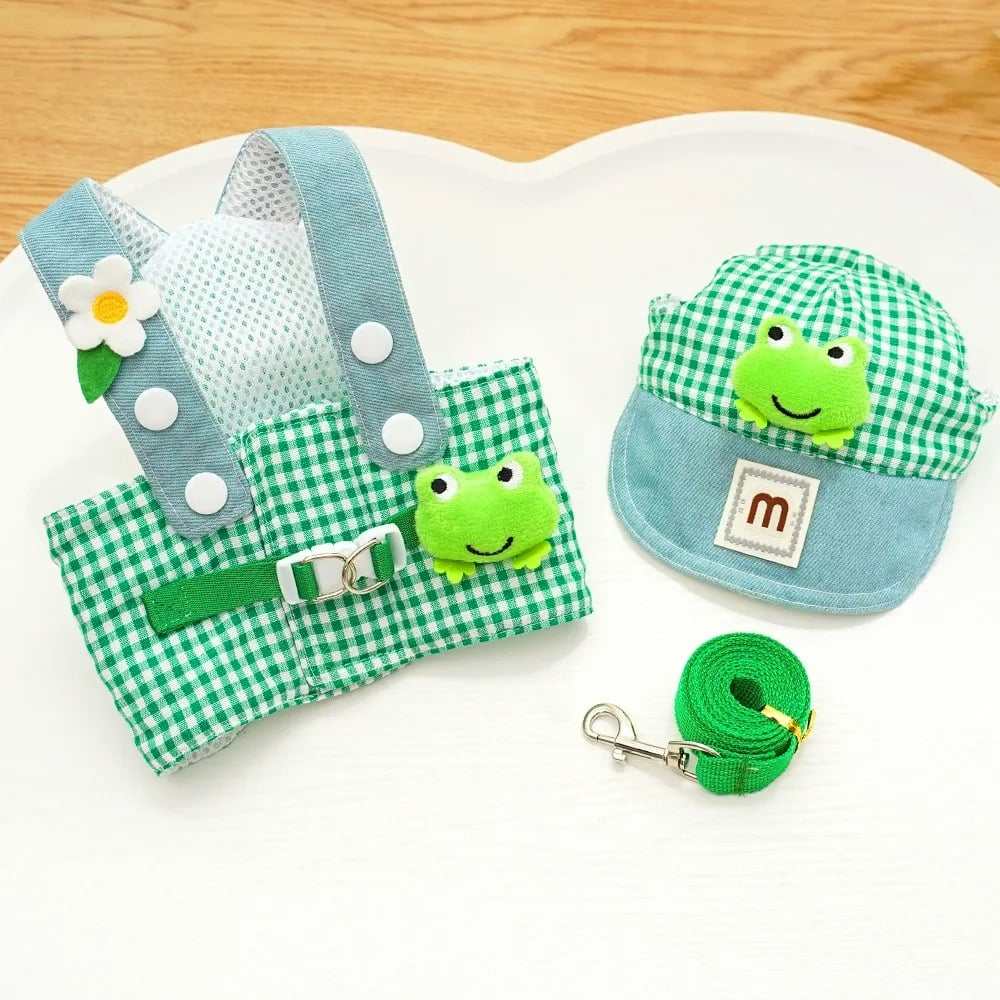 Cute pet outfit set with green gingham harness, matching cap with frog design, and green leash for small dogs