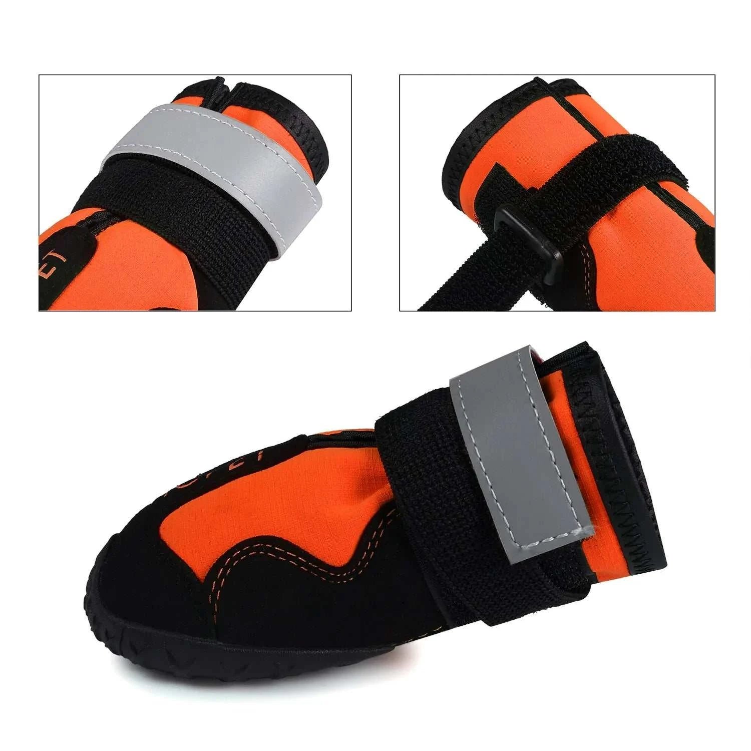 Waterproof reflective dog boots in orange and black with adjustable straps for paw protection and visibility
