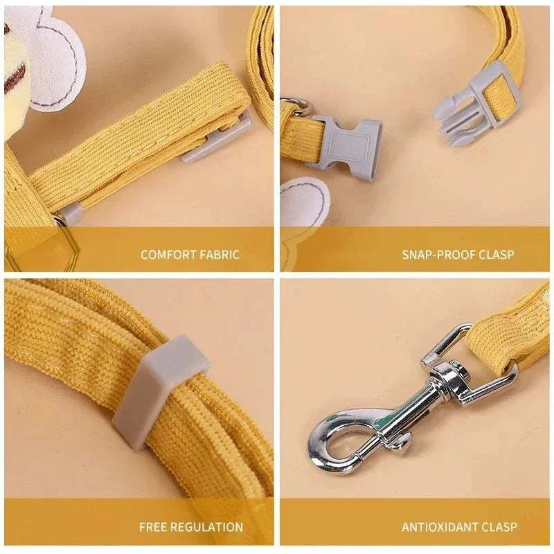 Cartoon bee pet harness leash set with adjustable straps, snap-proof clasp, and antioxidant metal hook for small pets
