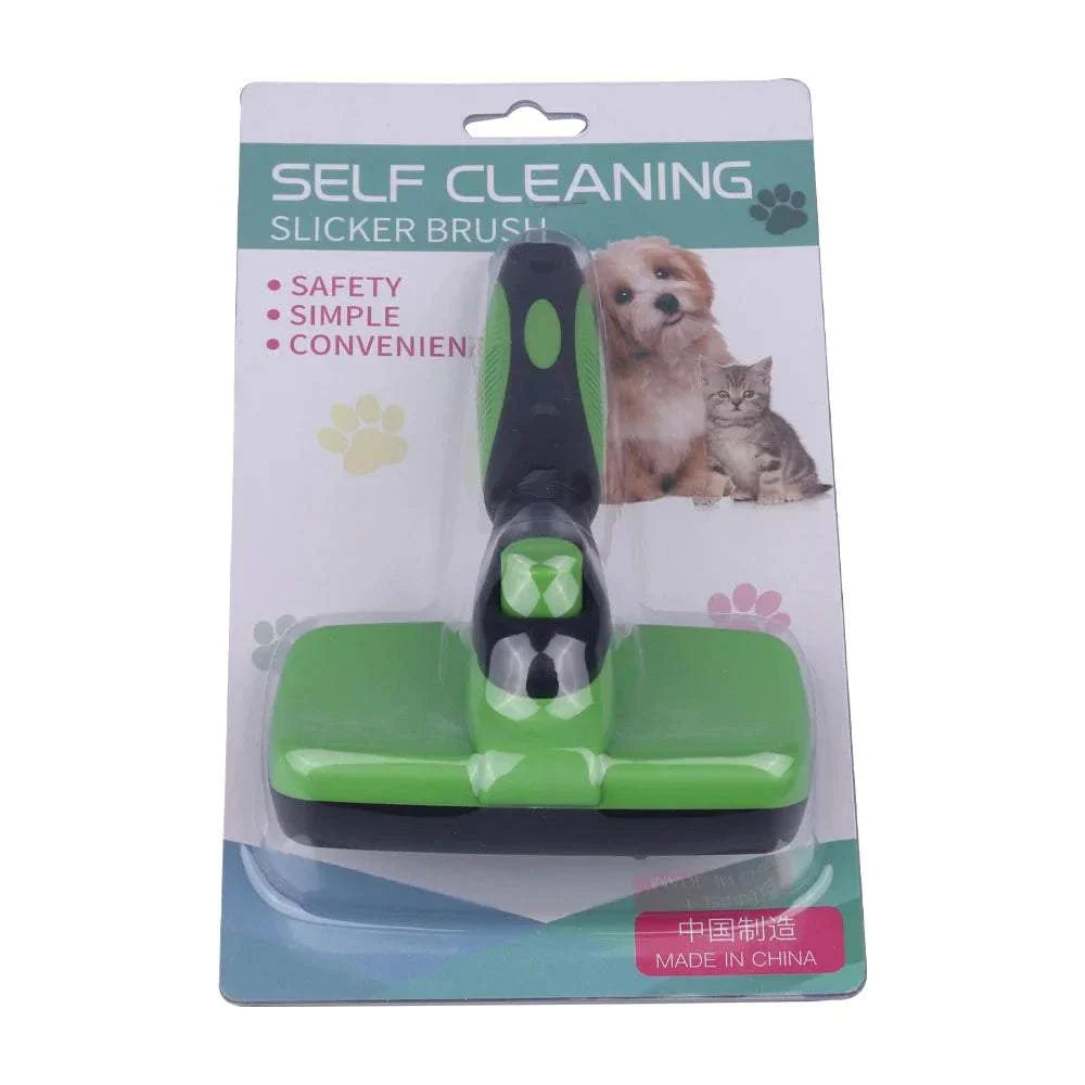 Self cleaning dog brush with retractable bristles for easy hair removal, suitable for dogs and cats, with anti-slip handle and comfortable grip
