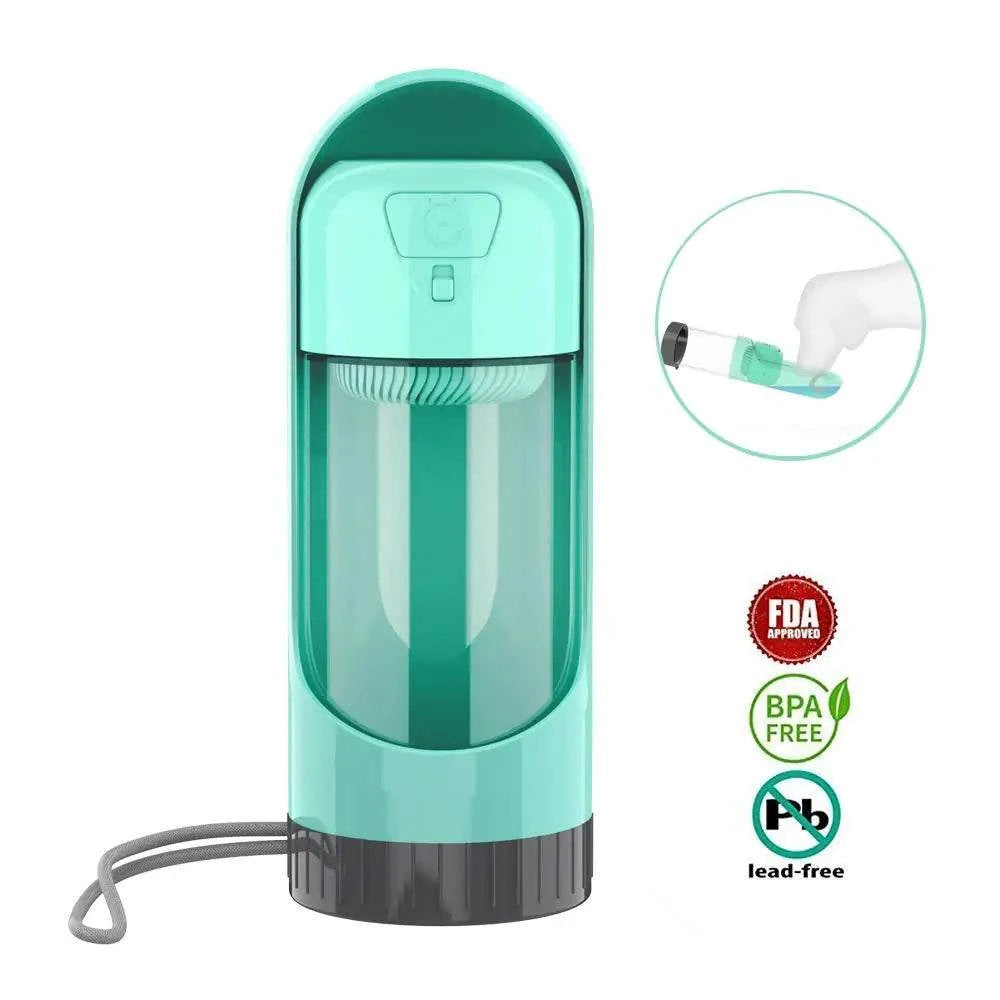 Portable dog drinker bottle in turquoise with foldable water bowl, BPA-free and FDA approved for safe pet hydration on the go
