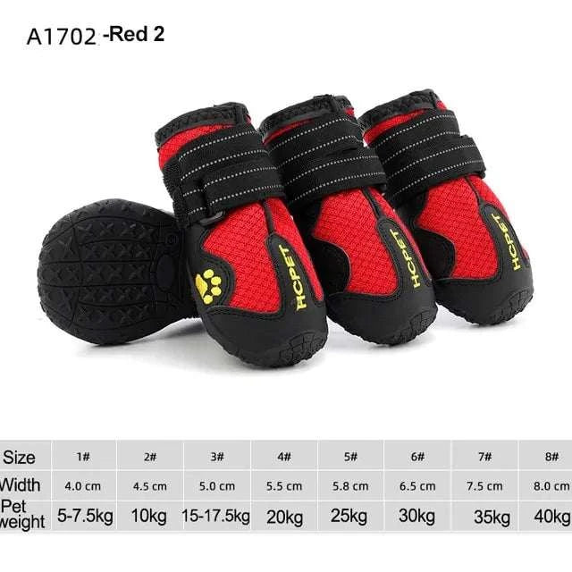 Red waterproof reflective dog boots with adjustable straps, durable soles, and paw protection for various dog sizes and weights.