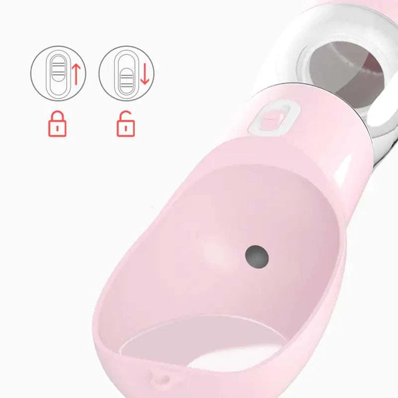 Pet Dog Water Bottle Feeder in pink with built-in bowl for spill-free hydration and feeding on the go