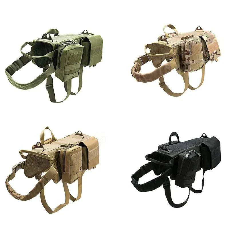 Tactical military dog harness in multiple colors with durable nylon and solid pattern for outdoor use