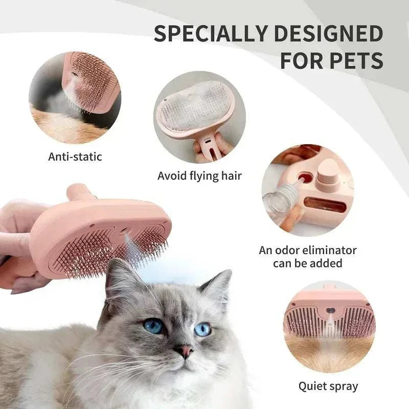 Steam Pet Comb with anti-static bristles, odor eliminator, and quiet steam spray for gentle pet grooming