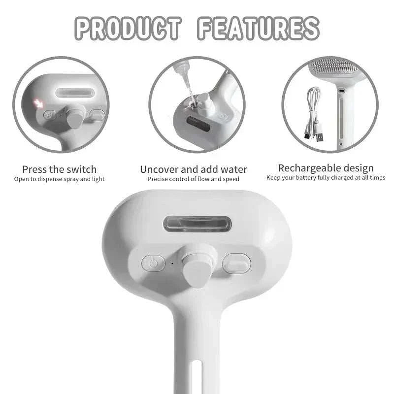 Steam Pet Comb grooming tool with steam function, fine bristles, USB rechargeable, detangles and hydrates pet fur