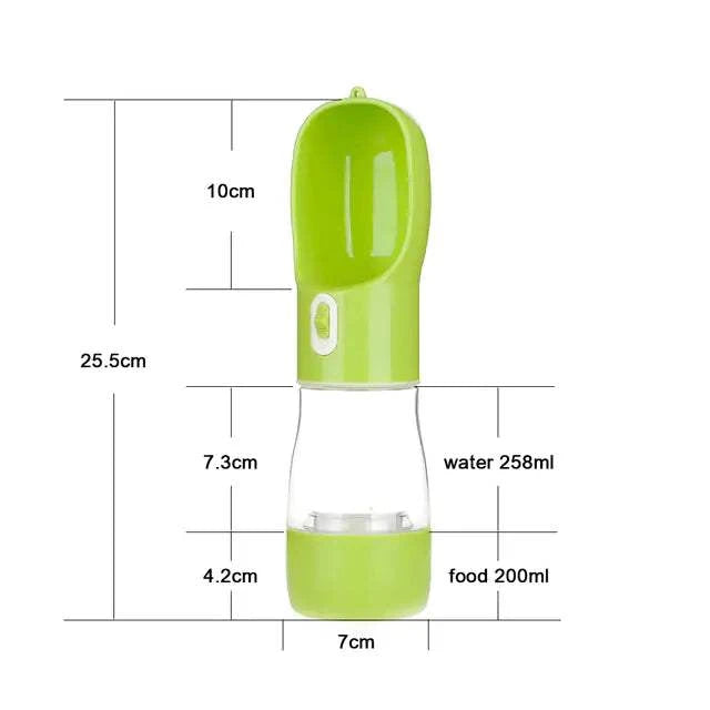 Pet dog water bottle feeder with built-in bowl for food and water, BPA-free, portable and spill-proof, 20 oz capacity, green color.