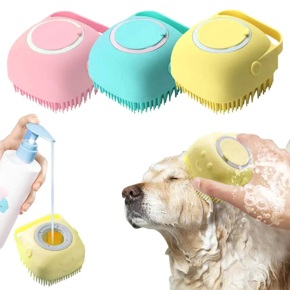 Soft Silicone Dog Brush with gentle bristles and built-in shampoo dispenser for pet grooming