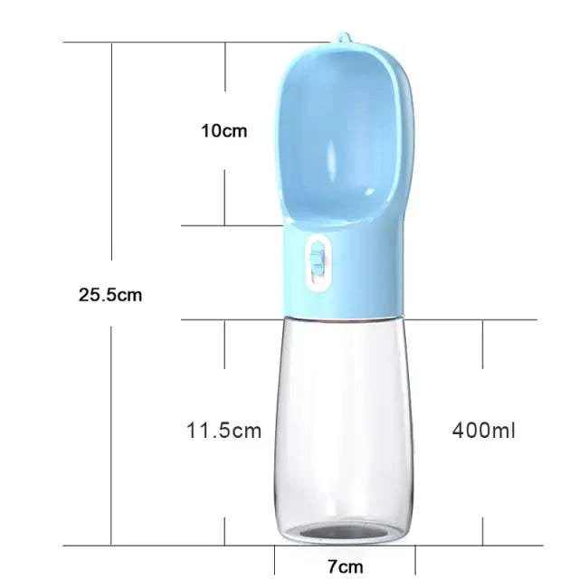 Blue portable pet dog water bottle feeder with built-in bowl and measurements
