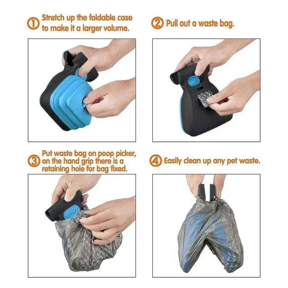 Portable folding dog poop scooper in use showing unfolding, bag placement, and waste disposal steps