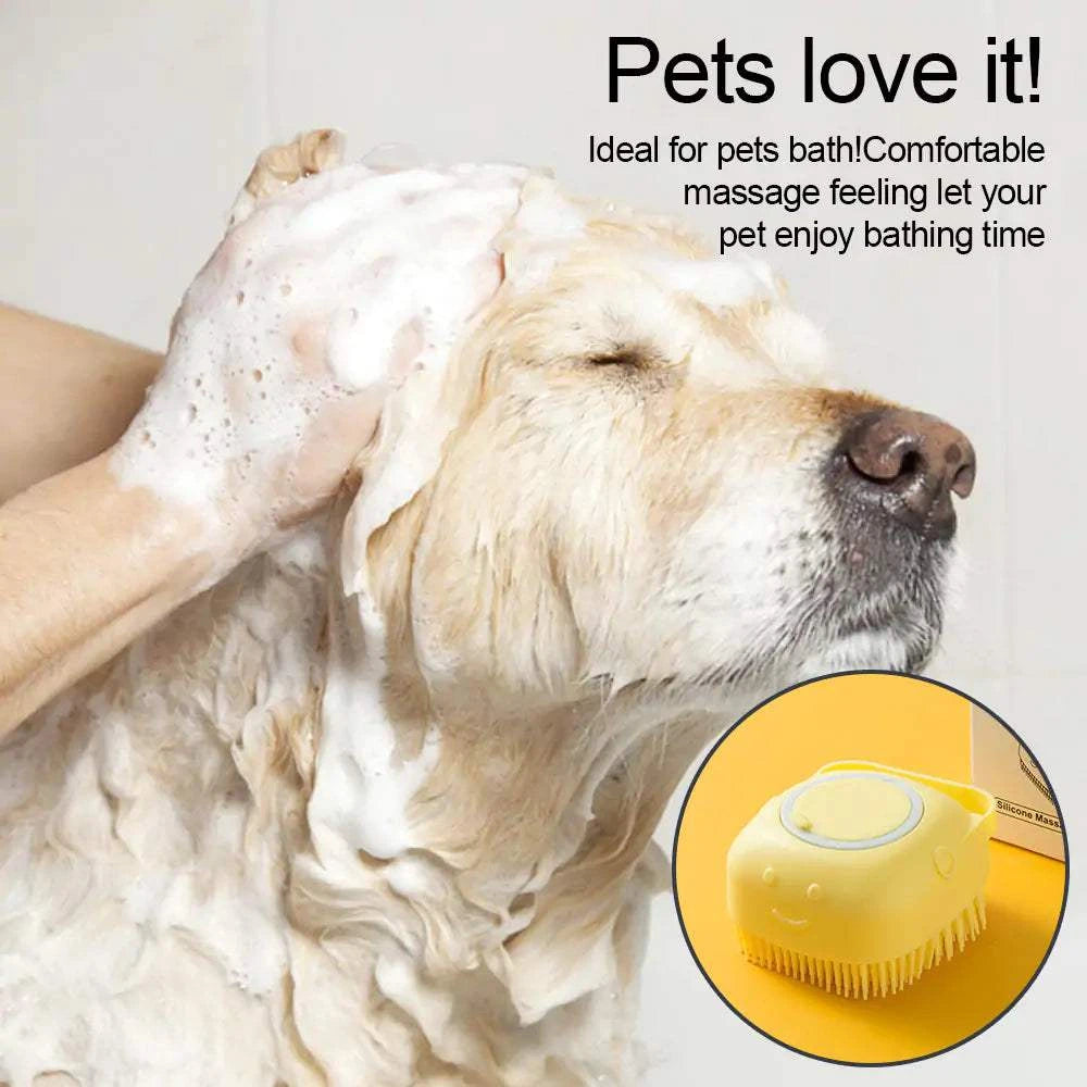 Dog being bathed using soft silicone dog brush with shampoo foam and inset image of yellow silicone brush with dispenser