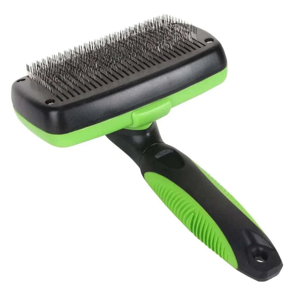 Self cleaning dog brush with retractable bristles and anti-slip handle for easy grooming and mat removal