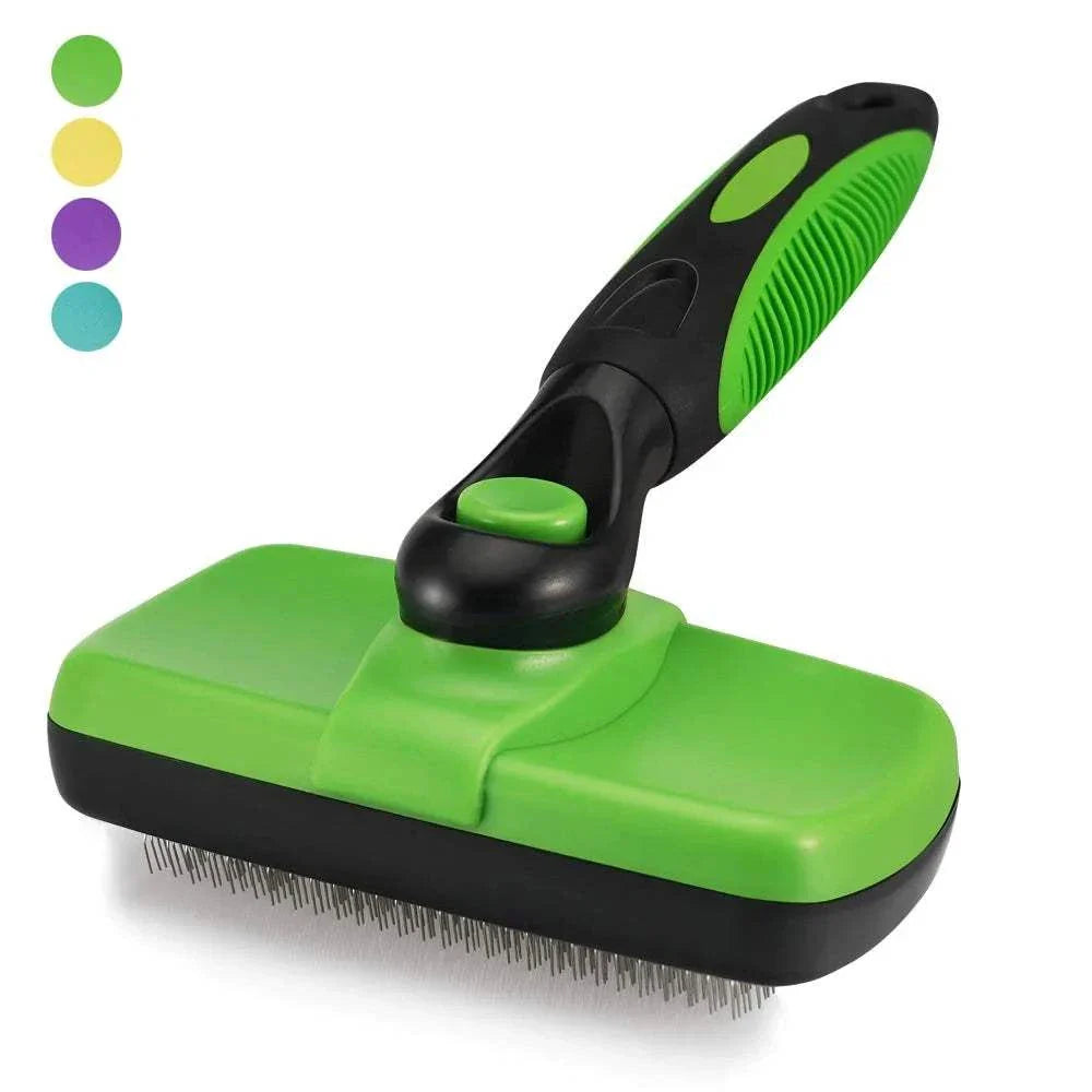 Green self cleaning dog brush with retractable bristles and ergonomic handle for pet grooming